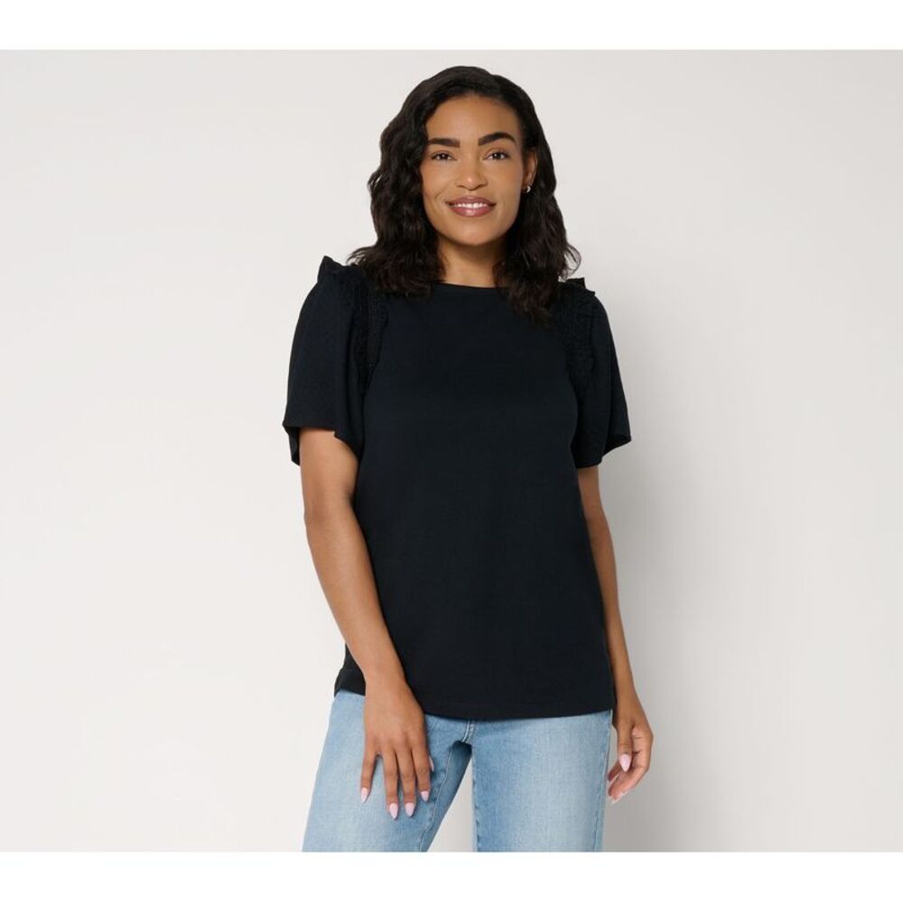 Anybody Women's Top Sz M Mixed Media Smocked Sleeve Black